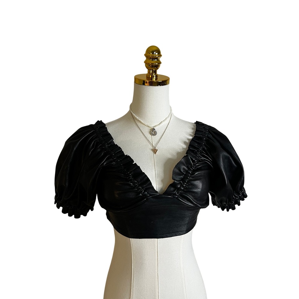 Olivaceous Black Faux Leather Puff Sleeve Crop Top Sweetheart Neck Smocked Back